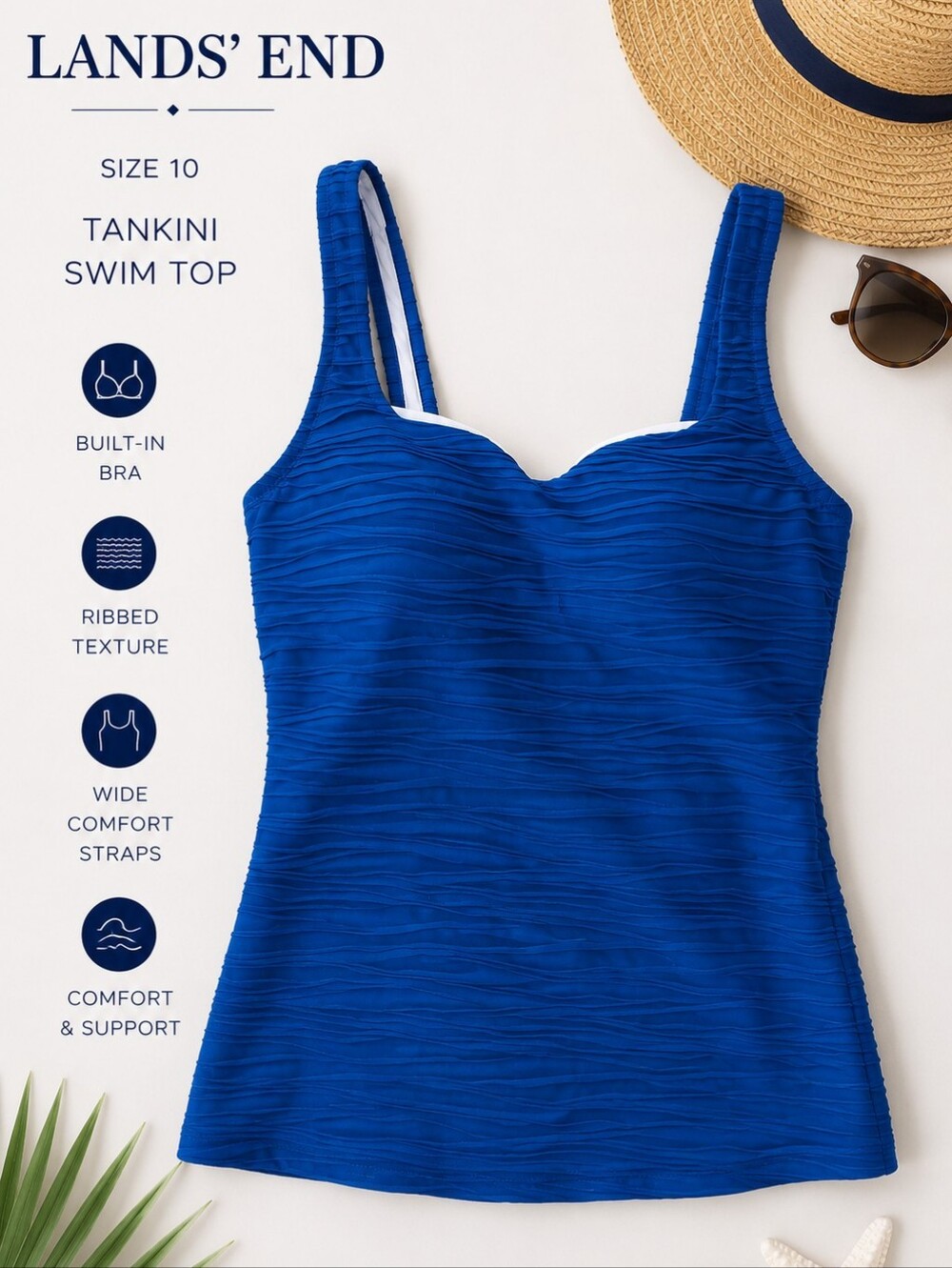 Lands' End Cobalt Blue Ribbed Tankini Top